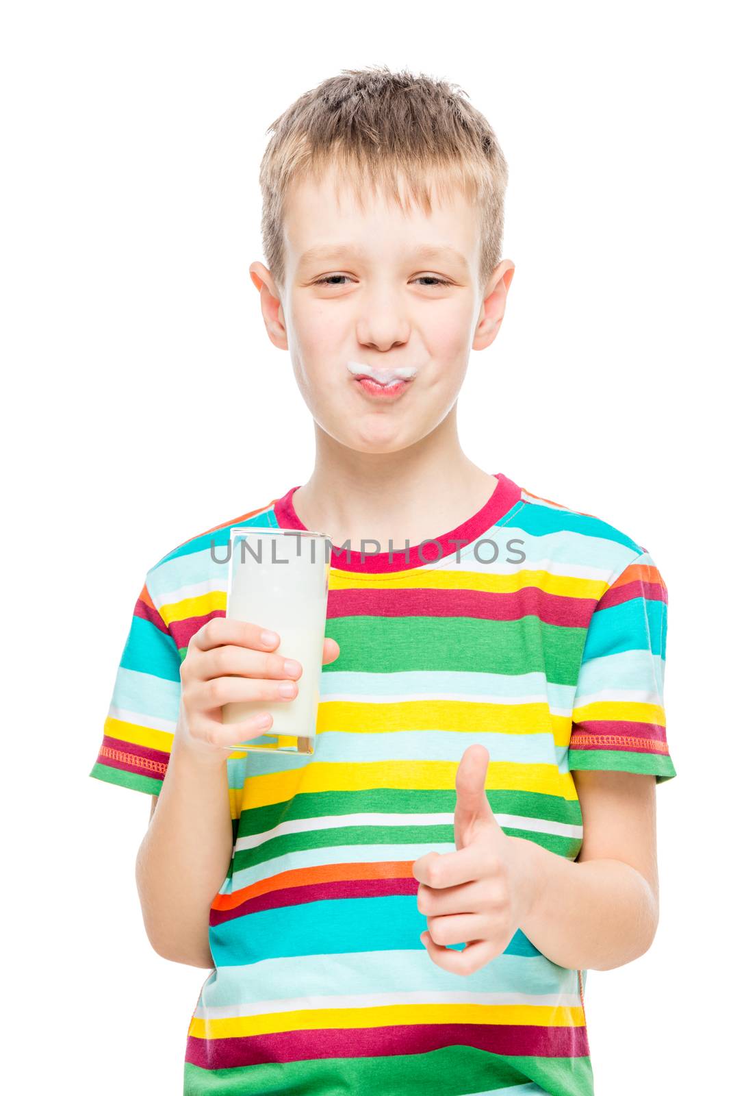 healthy boy and healthy tasty milk drink, portrait isolated by kosmsos111
