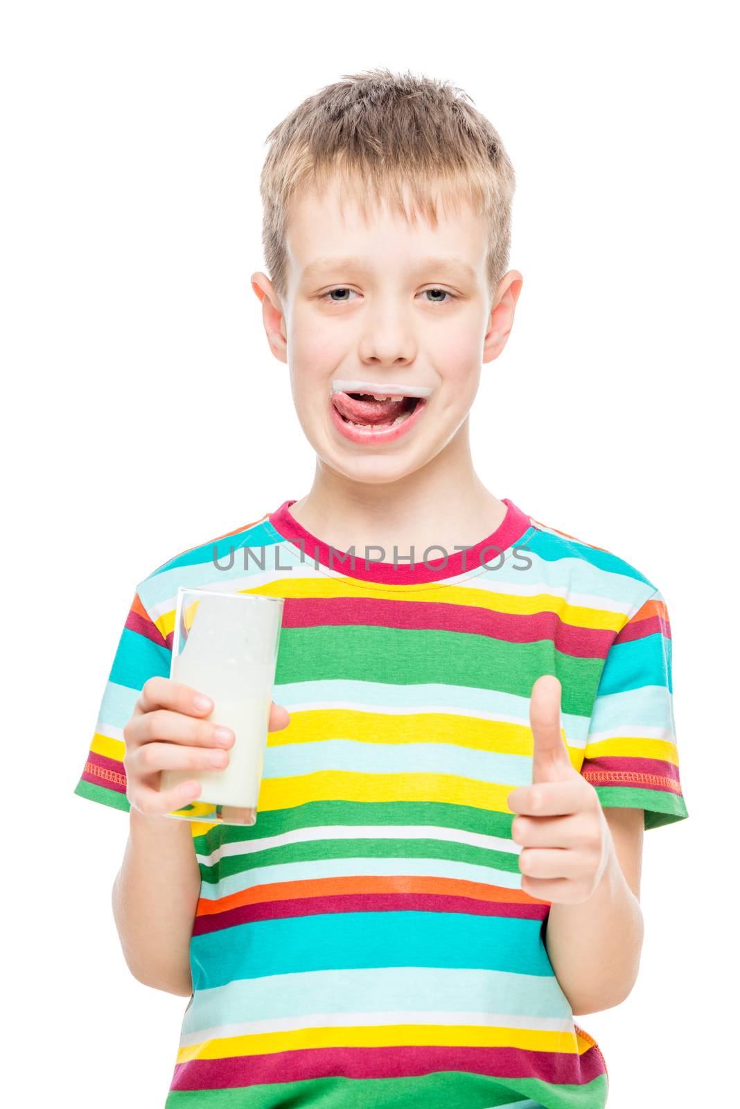 10-year-old boy and healthy tasty milk drink, portrait isolated