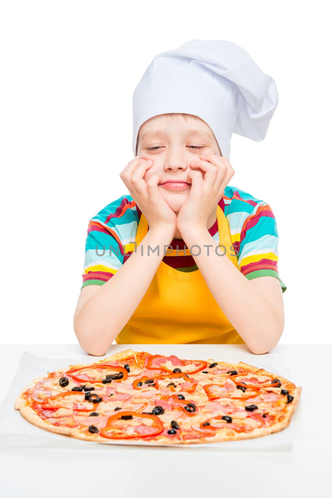 cook with homemade pizza, boy 10 years old, portrait on white background isolated