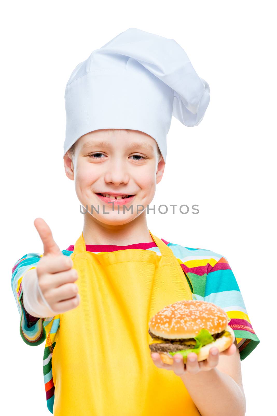 happy boy cook in cap and apron with cheeseburger with cutlet on by kosmsos111
