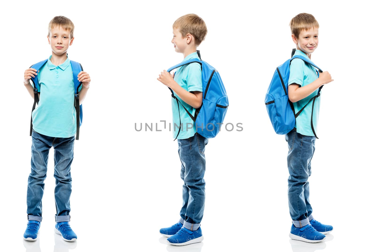 Schoolboy with a backpack on a white background in different poses portrait in a row isolated