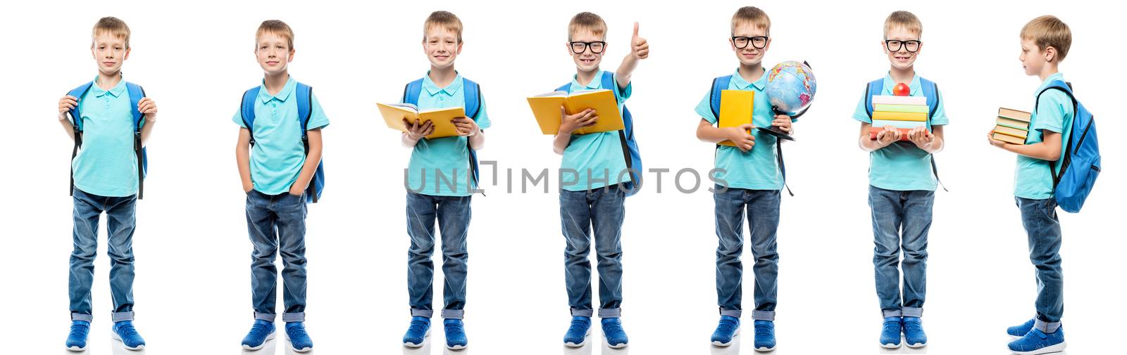 Schoolboy with books with a backpack on a white background in different poses portrait in a row isolated