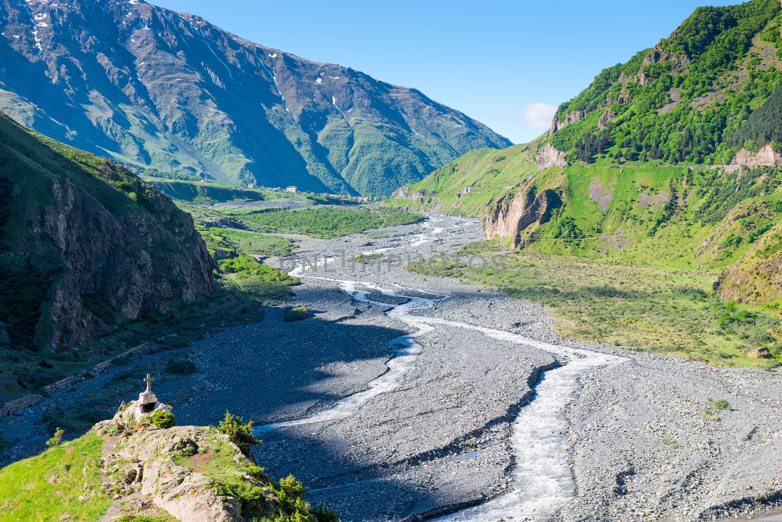 Dry bed of a mountain river in the high mountains of the Caucasus picturesque Georgia