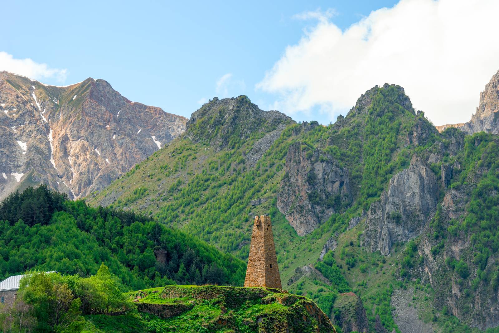 High traditional tower of Georgia on the background of high moun by kosmsos111