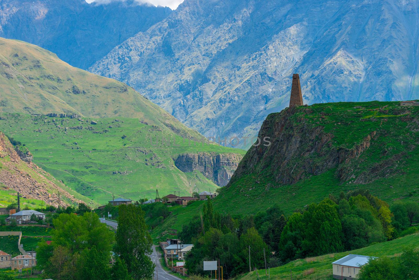 Village in the Caucasus, Georgia, view of the Georgian Military Road