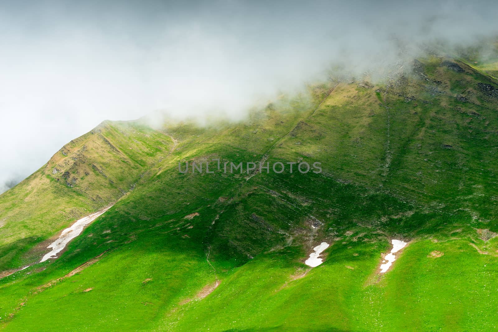 Mountain slope covered with grass with remnants of snow after winter, Caucasus in June