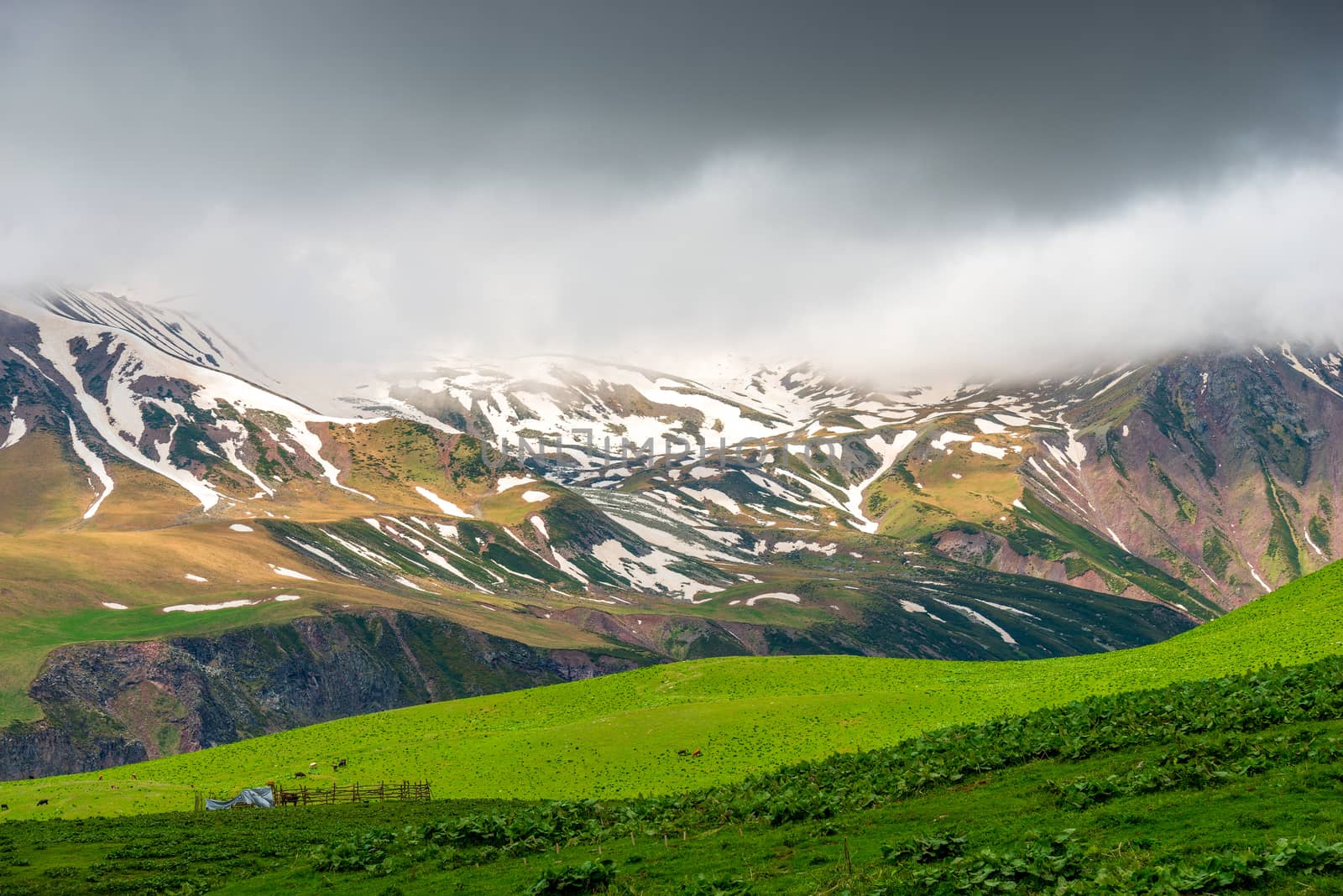 Beautiful relief mountains with snow in June, Caucasus landscape by kosmsos111