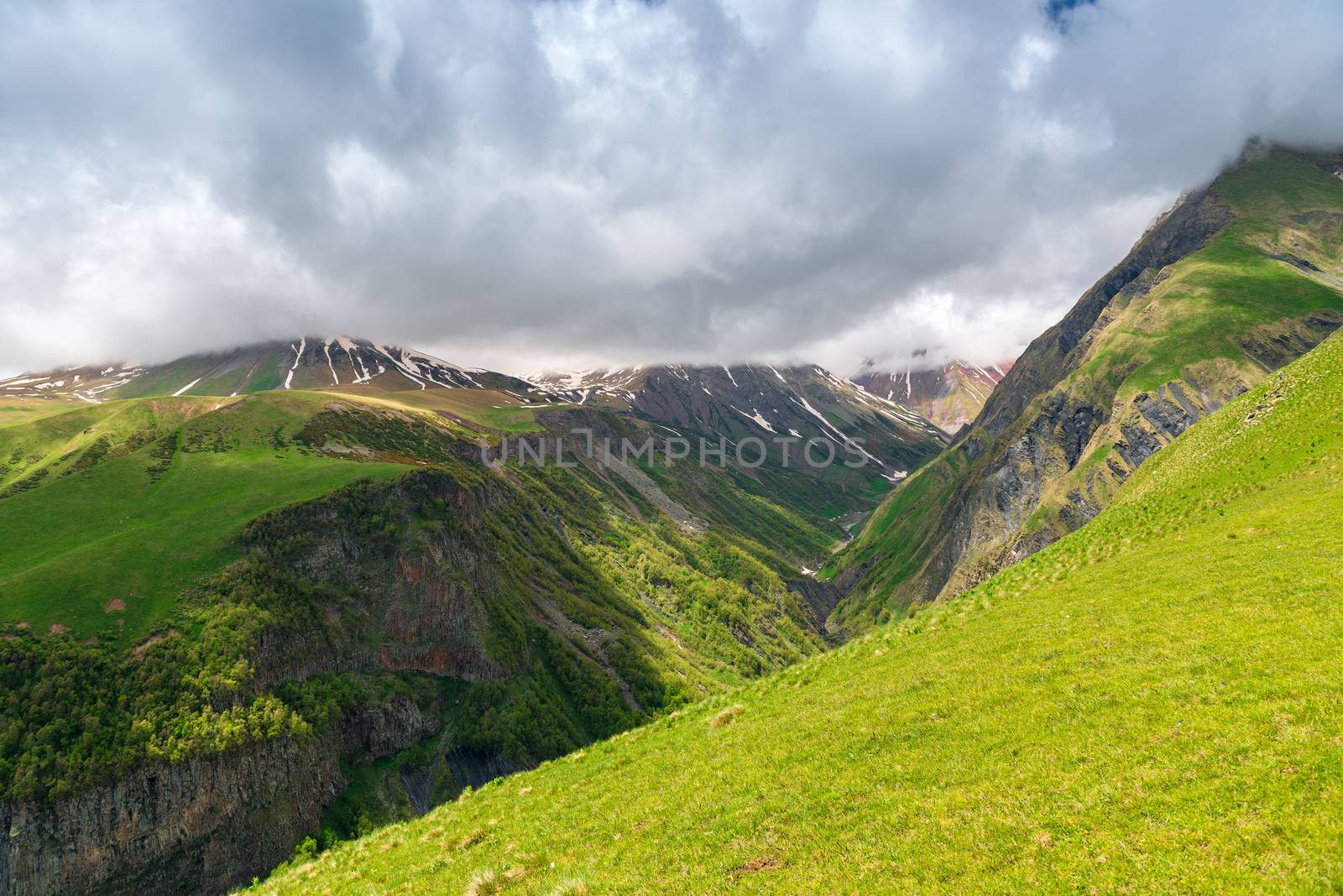 The picturesque gorge in the high Caucasus mountains, Georgia in summer
