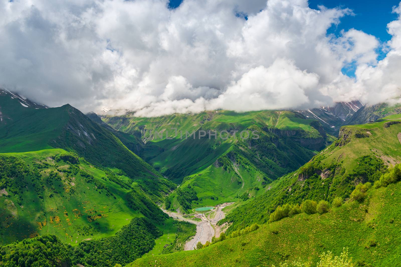 Gorge and mountain view from above, beautiful mountain landscape of the Caucasus Mountains