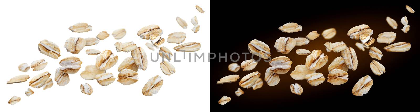 Oat flakes isolated on white and black backgrounds. Falling oats