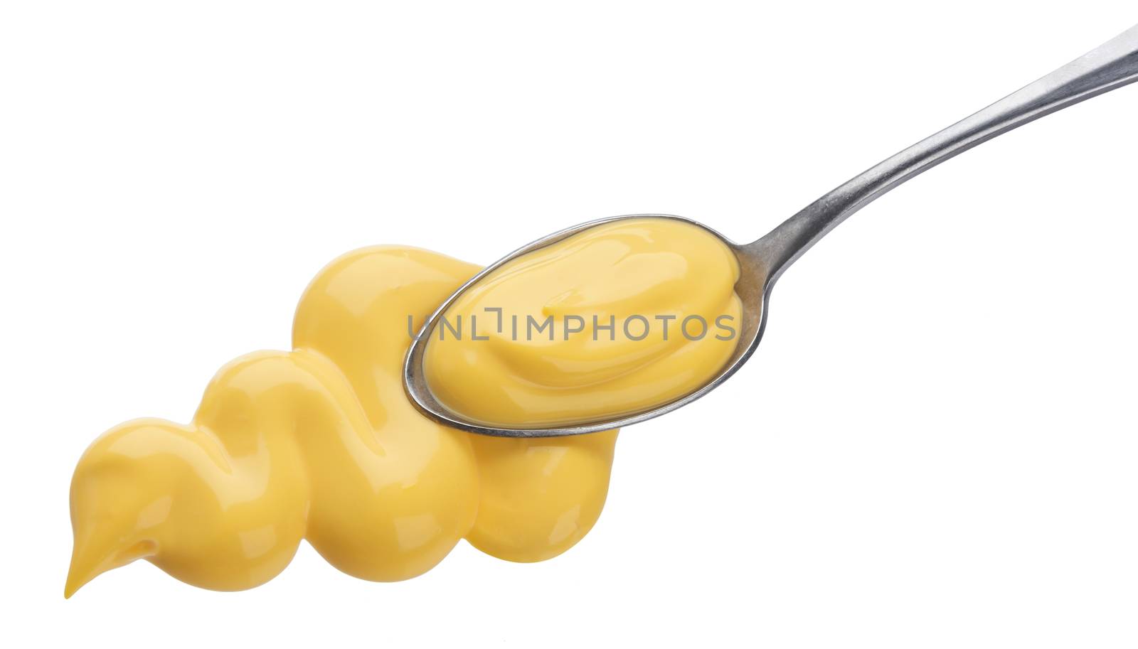 Cheese sauce. Mayonnaise with spoon isolated on white background with clipping path. Top view