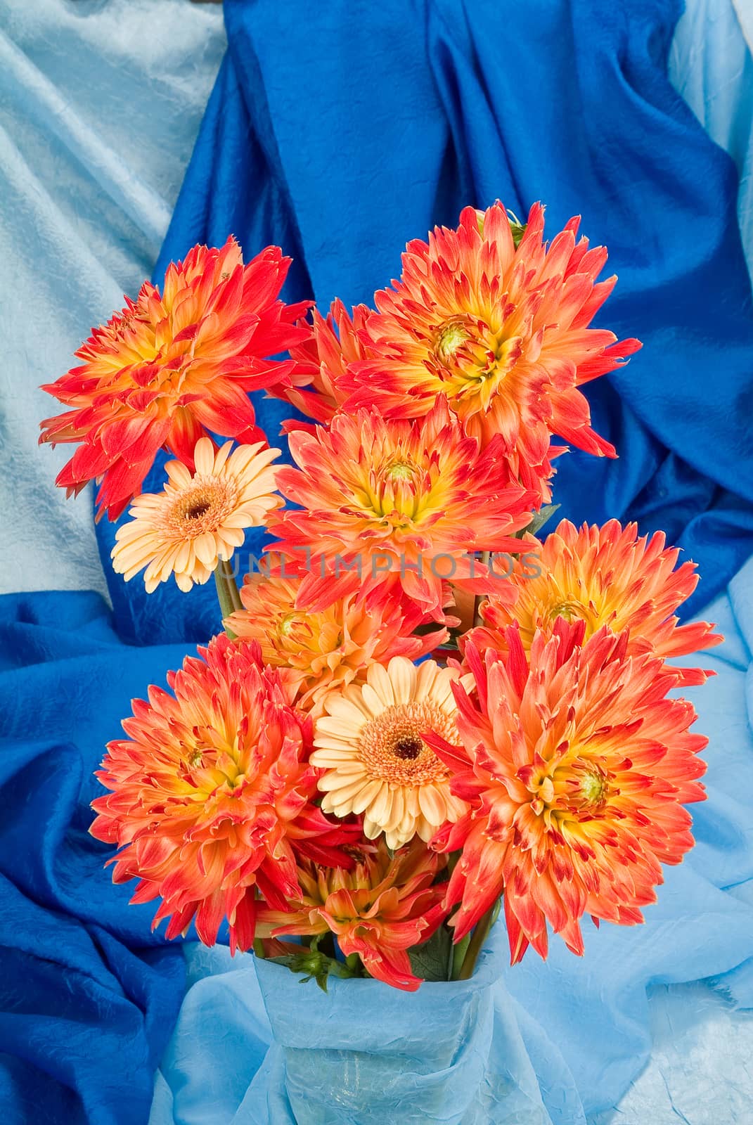 Still life with bouquet of flowers and accessories on a studio background