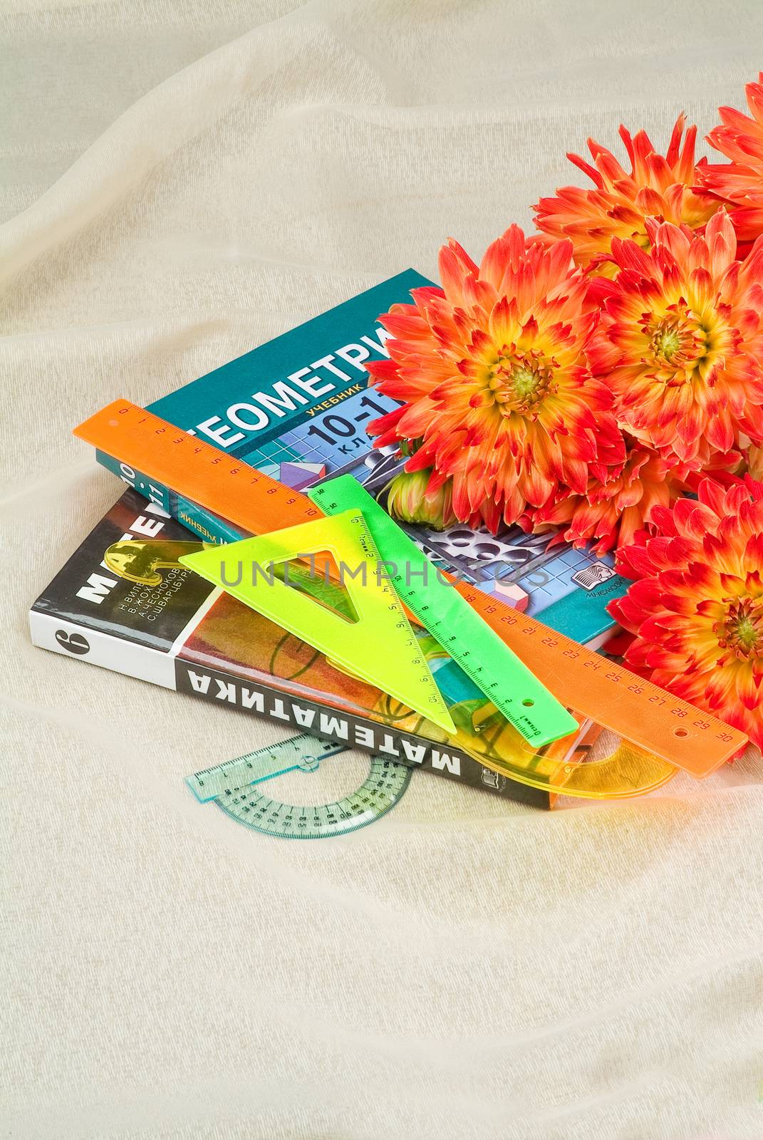 School books and accessories on a studio background