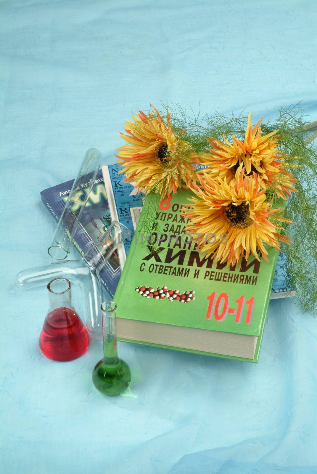 School books and accessories on a studio background