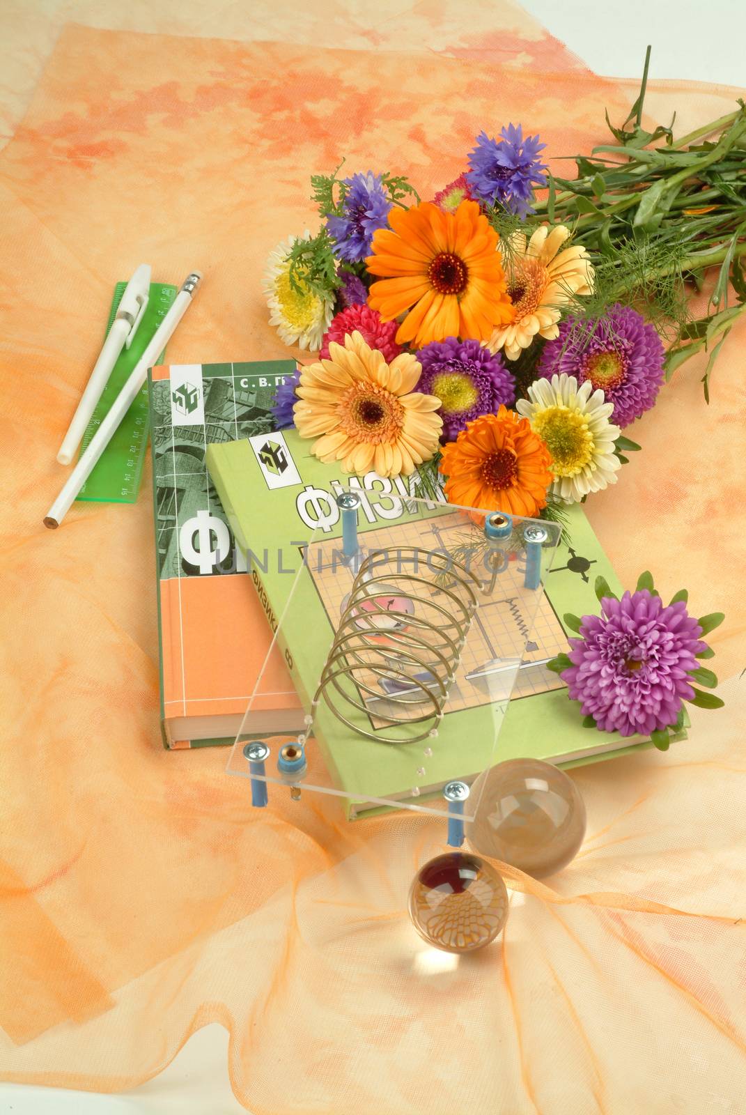 School books and accessories on a studio background