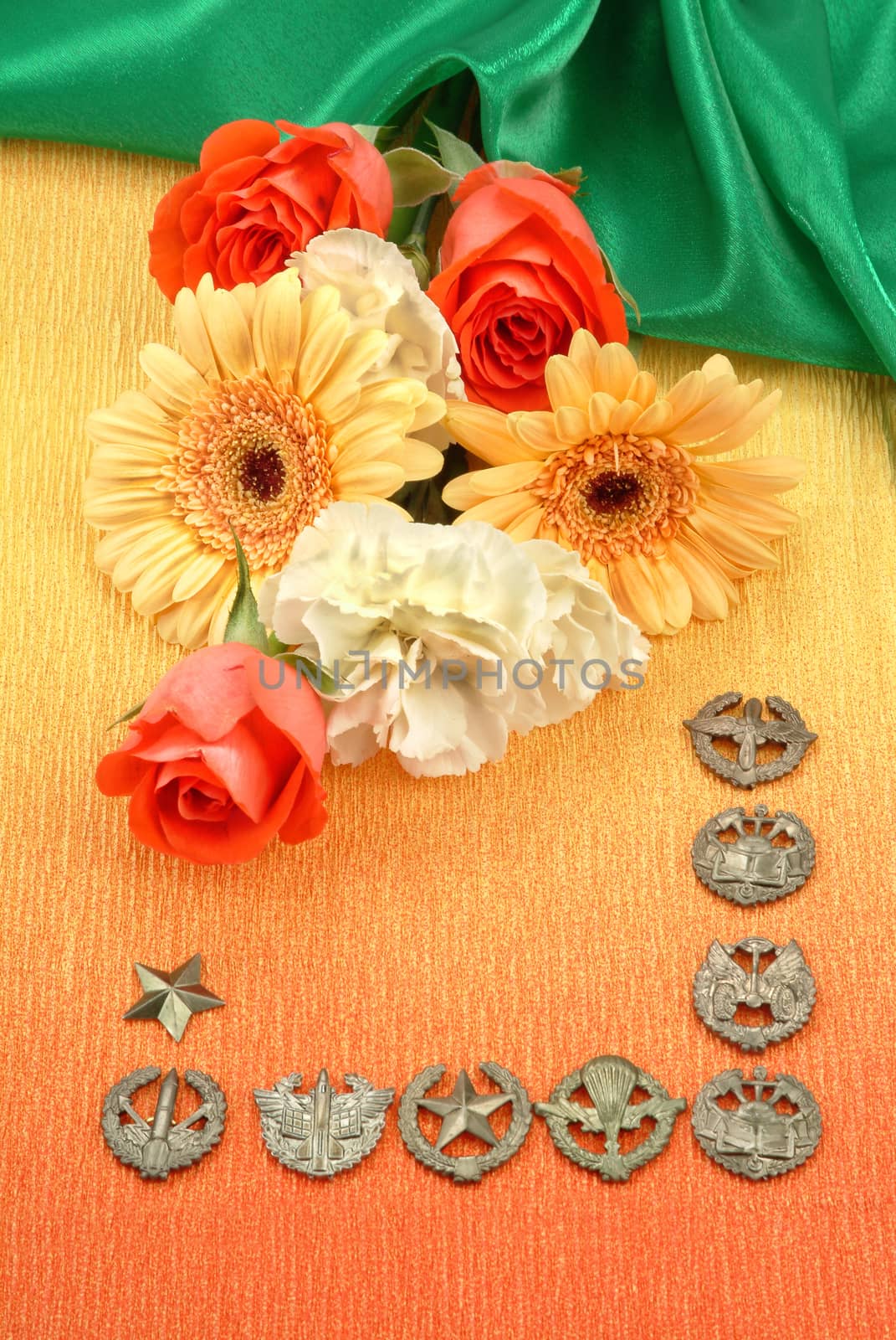Metal Russian army emblems and flowers on textured background