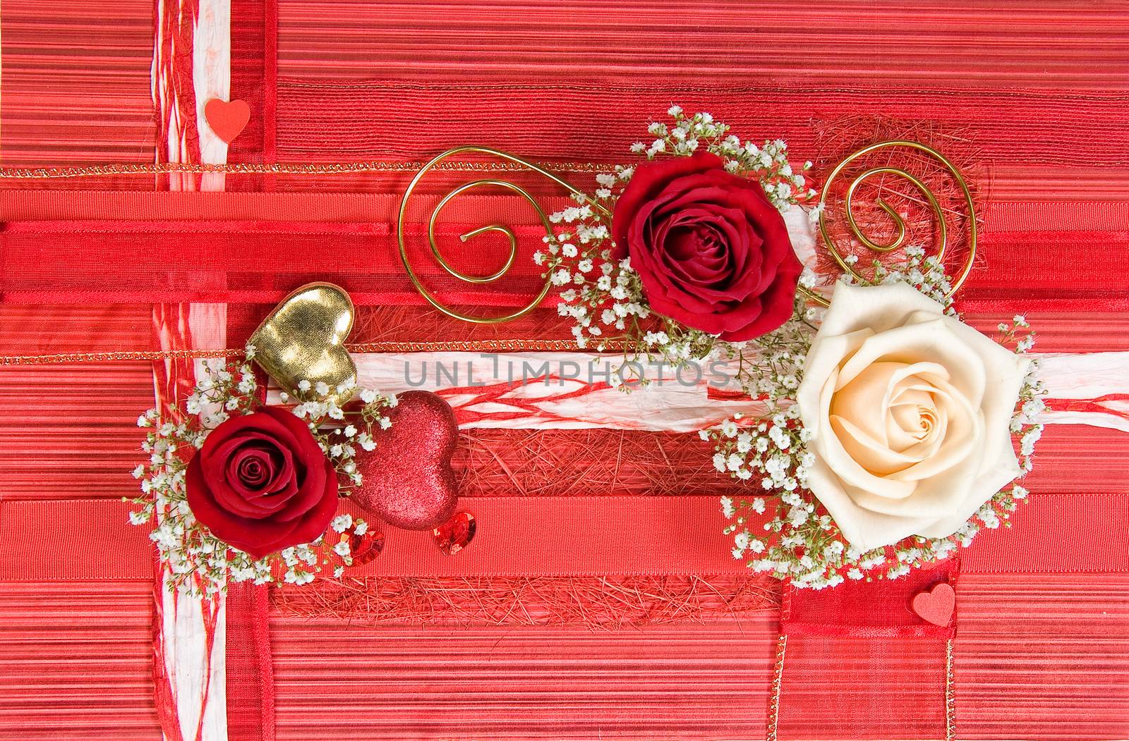 Still life with bouquet of flowers and accessories on a studio background