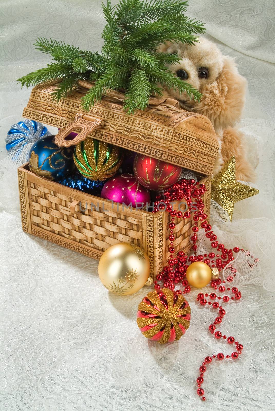 Still life with New Year accessories on a studio background