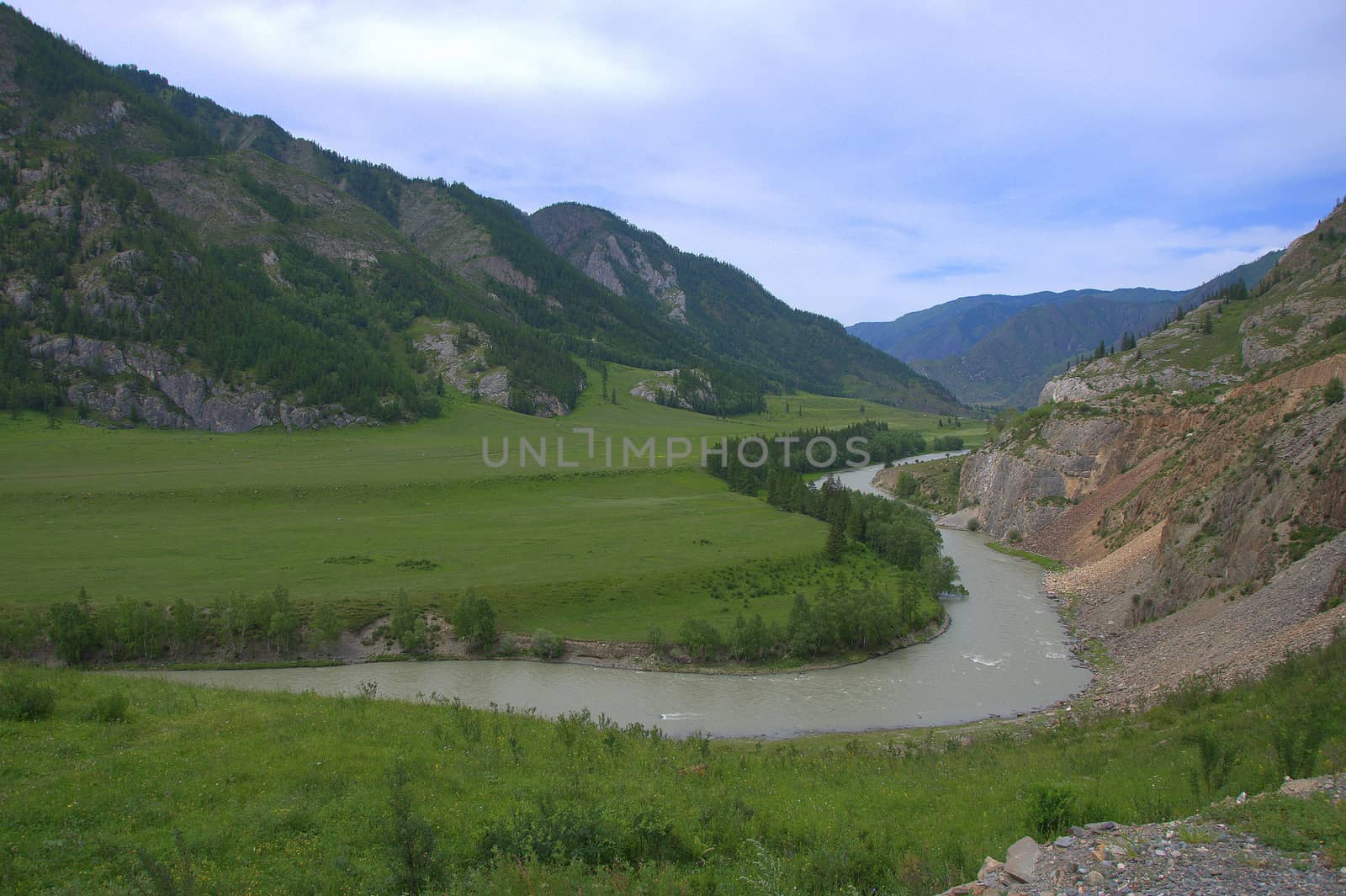 Turquoise Katun, a beautiful mountain river flowing through the fertile valleys surrounded by mountains. Altai, Siberia, Russia. Landscape. by alexey_zheltukhin