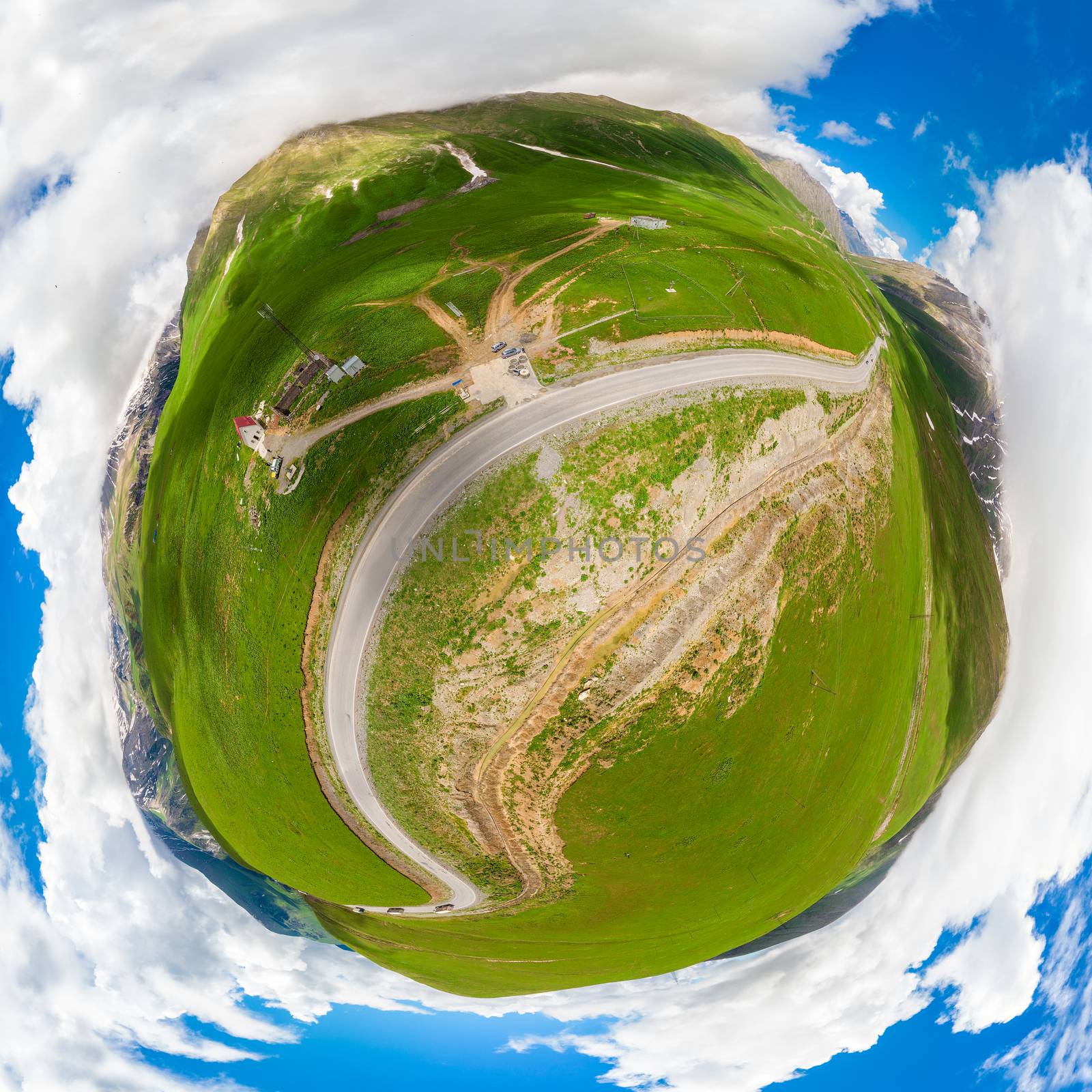 Panorama spherical picturesque mountain landscape and the Georgian Military Road, Georgia