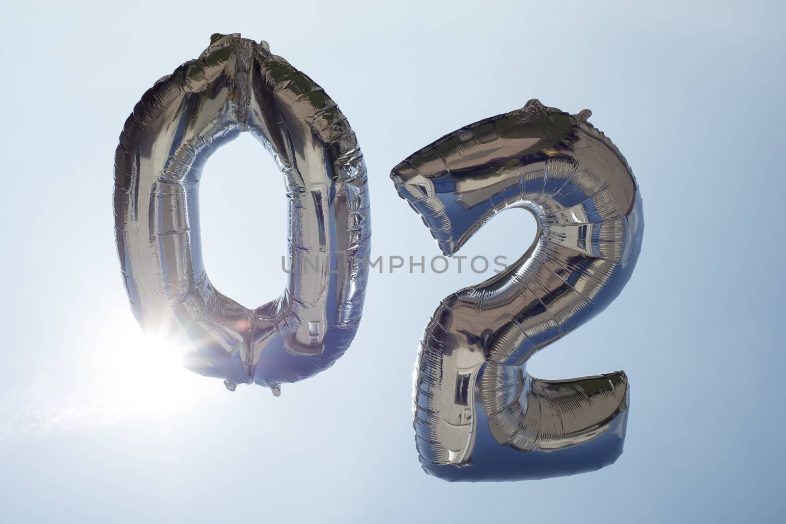 number 0 and 2 helium filled balloons against a blue sky