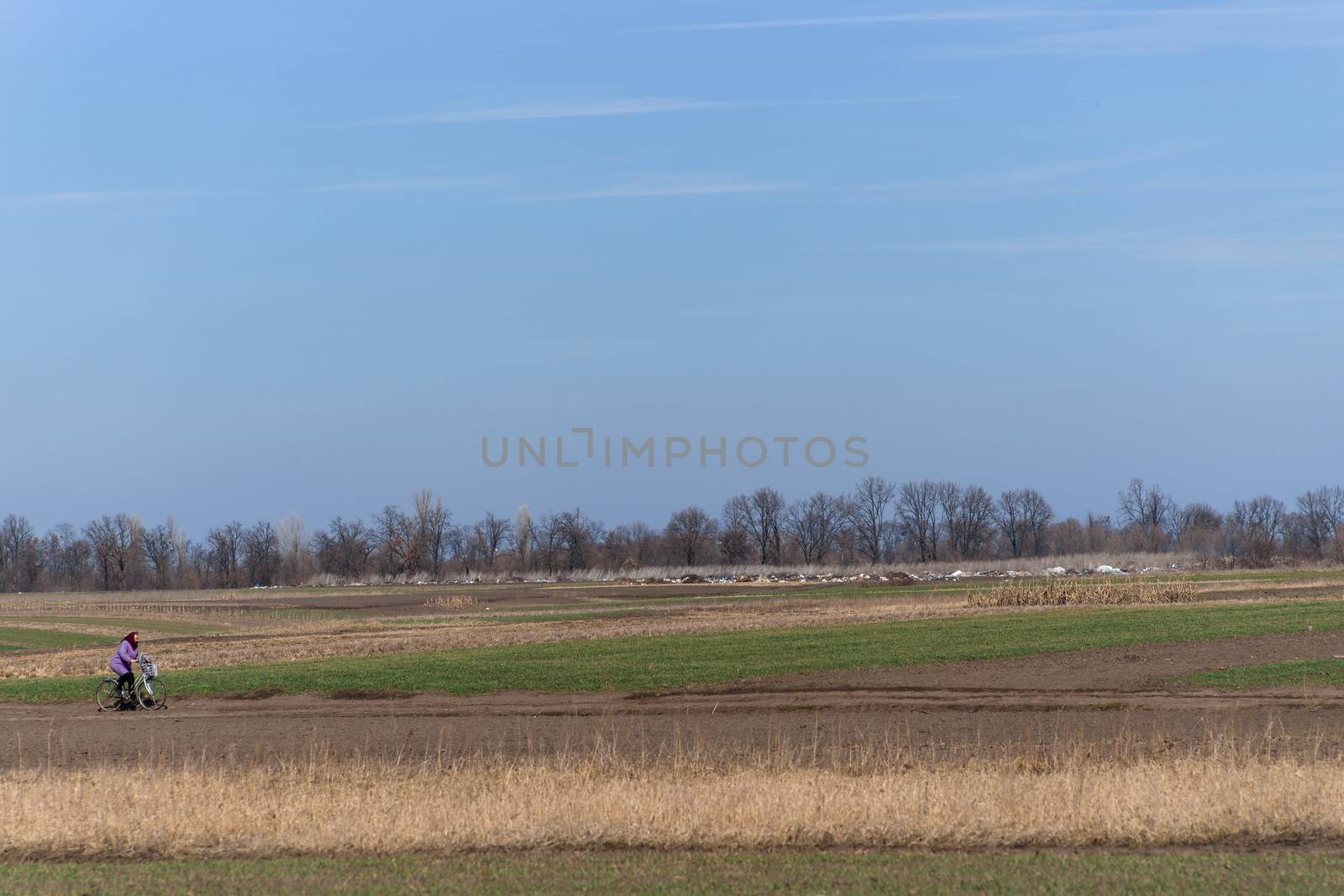Human rides on bicycle through field road. Early spring photo. by alexsdriver
