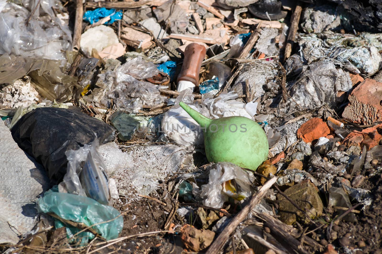 Trash on the agriculture field. Ecology problem and big harm to nature. 