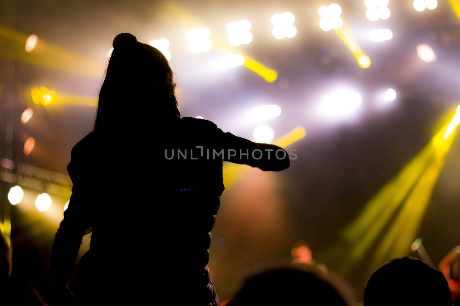 Dancing girl silhouette on night disco background. Dance party girls