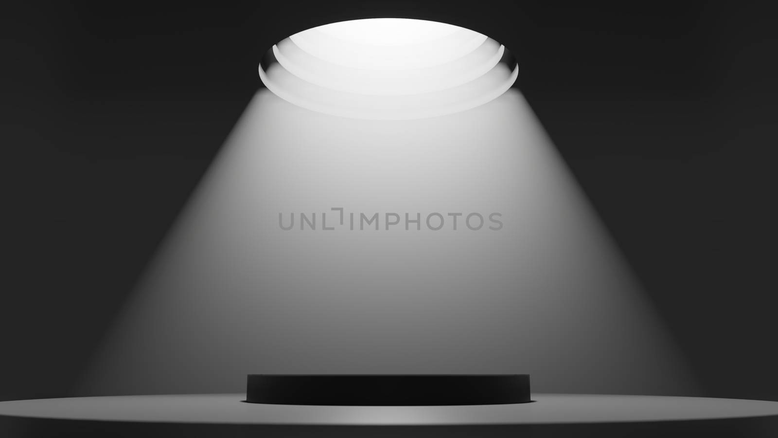 3D illustration. Showcase platform mockup, white ceiling light in empty dark room, cylinder podium. Dark abstract background