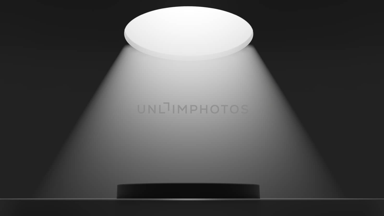 3D illustration. Showcase platform mockup, white ceiling light in empty dark room, cylinder podium. Dark abstract background