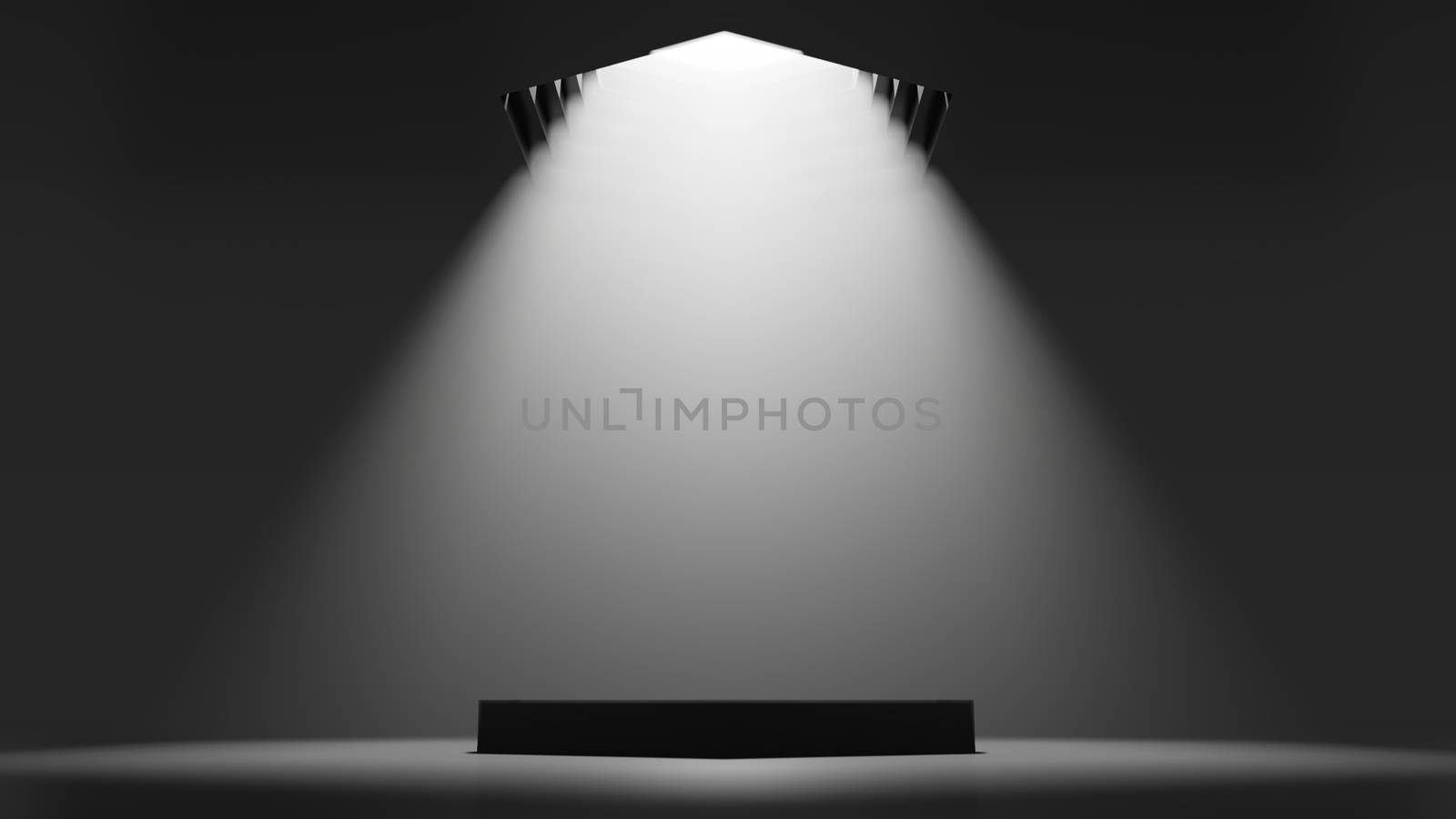 3D illustration. Showcase platform mockup, white ceiling light in empty dark room, cylinder podium. Dark abstract background