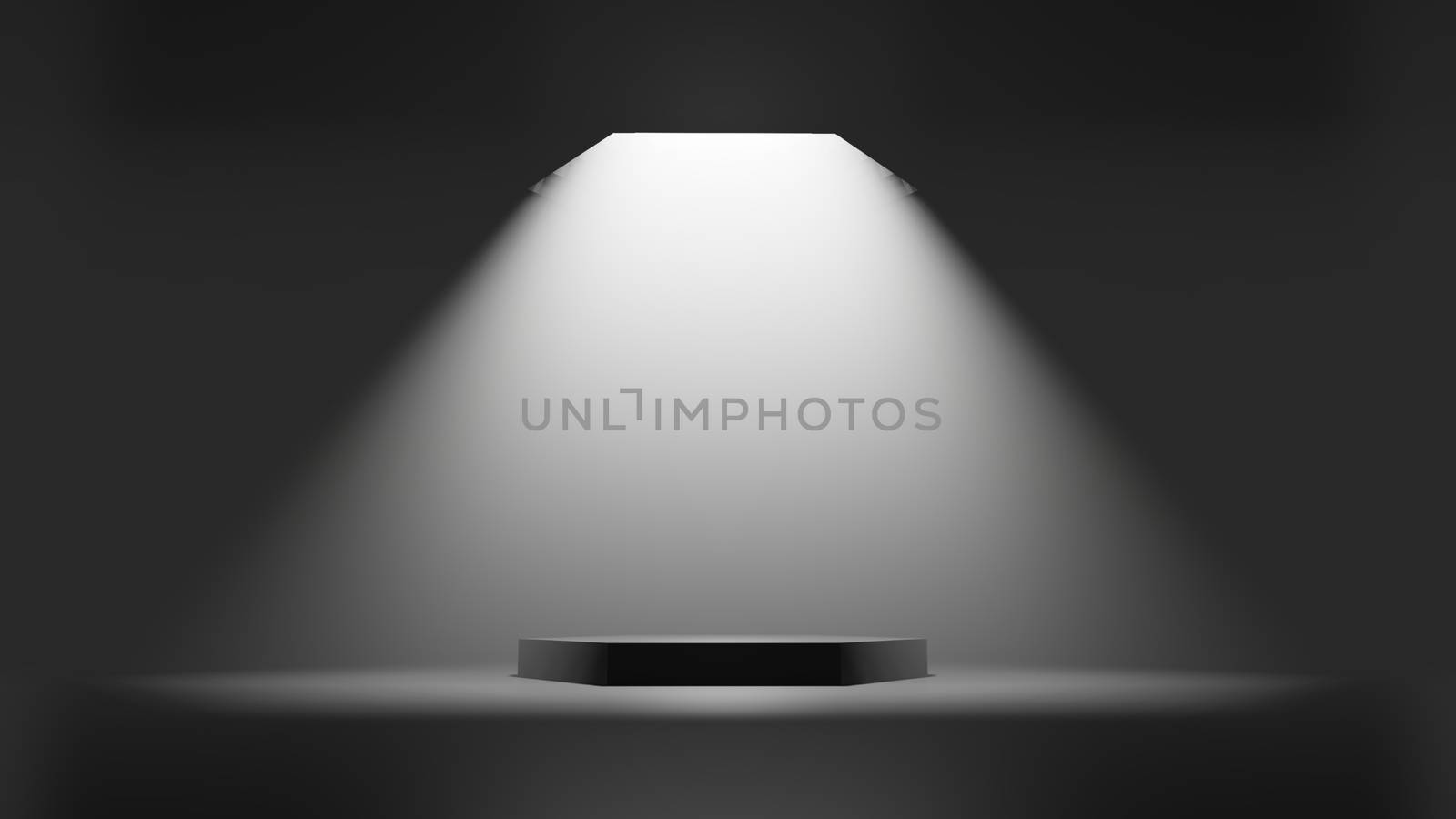 3D illustration. Showcase platform mockup, white ceiling light in empty dark room, cylinder podium. Dark abstract background