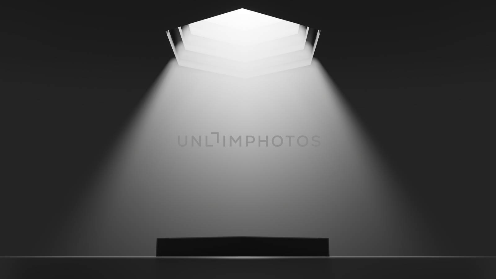 3D illustration. Showcase platform mockup, white ceiling light in empty dark room, cylinder podium. Dark abstract background