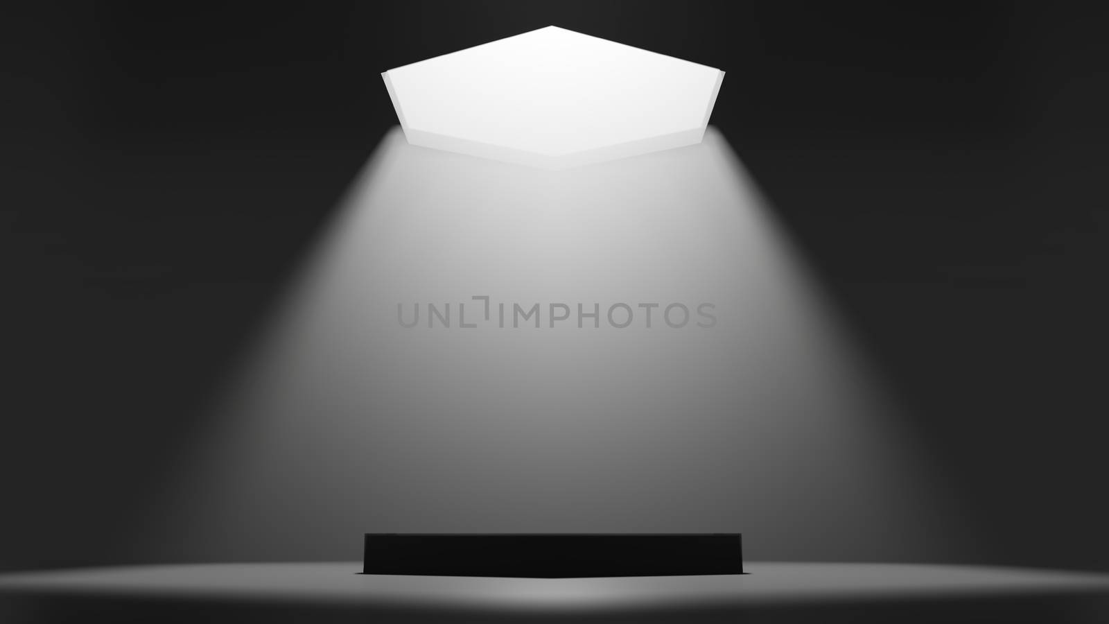 3D illustration. Showcase platform mockup, white ceiling light in empty dark room, cylinder podium. Dark abstract background