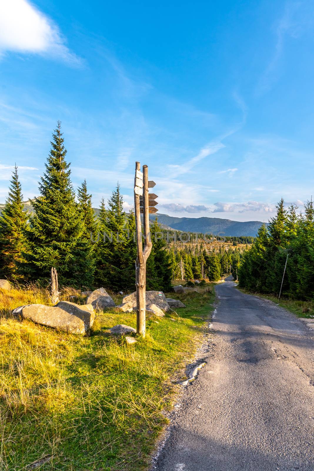 Tourist signpost in the middle of mountain landscape, Giant Mountains, Krkonose, Czech Republic by pyty