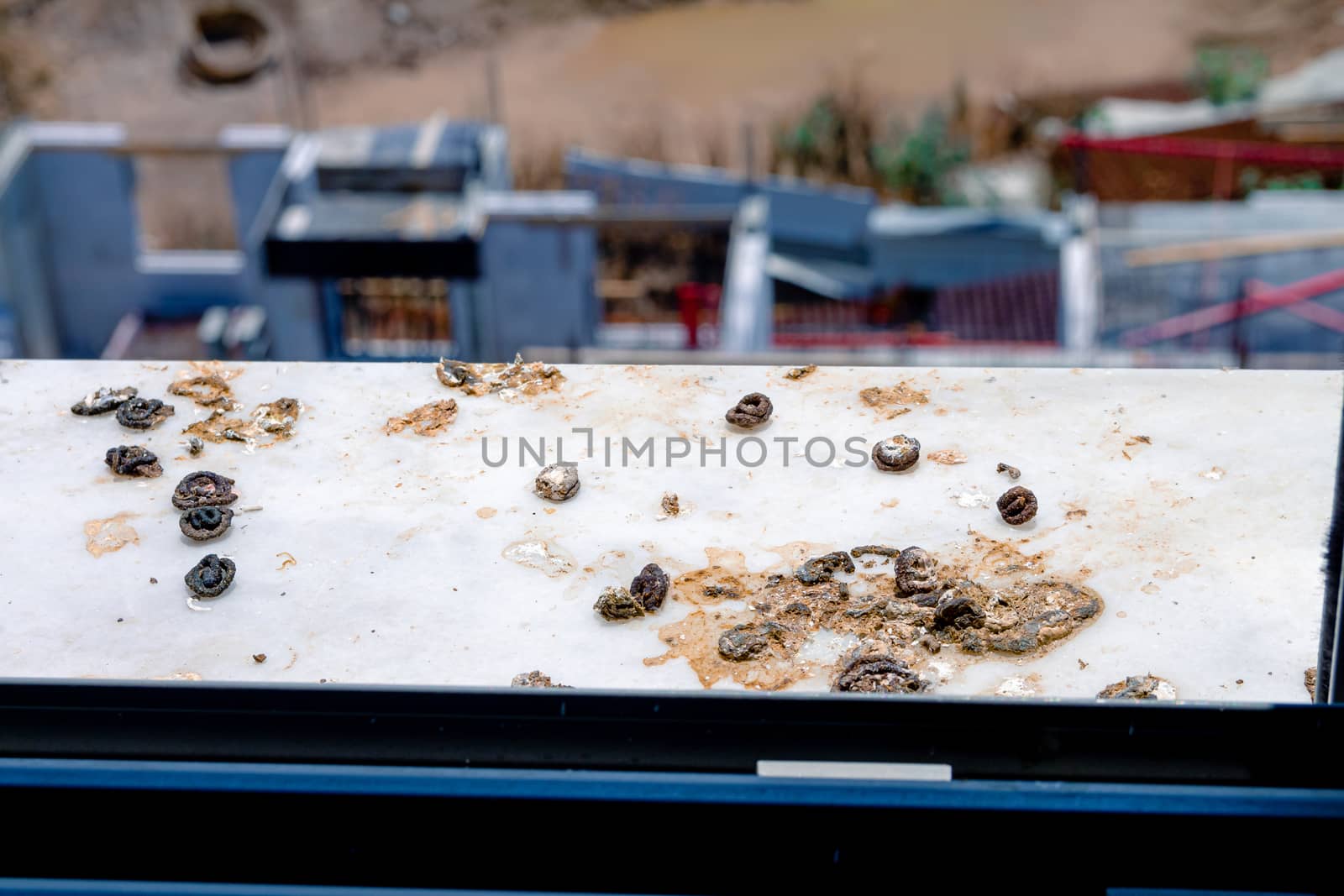 Pigeon droppings on the windowsill. A building under construction in the background.