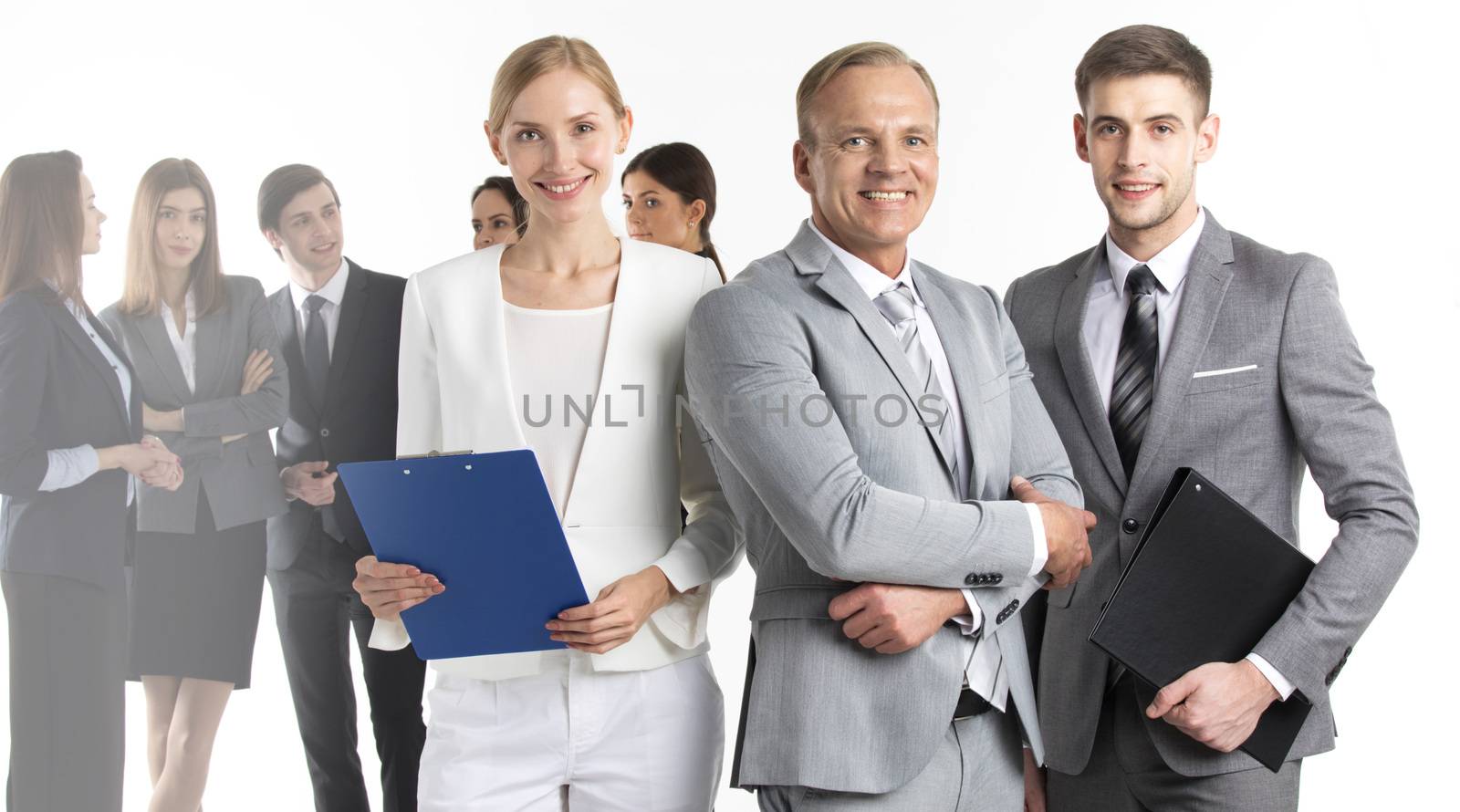 Portrait of business leaders and their team isolated on white background