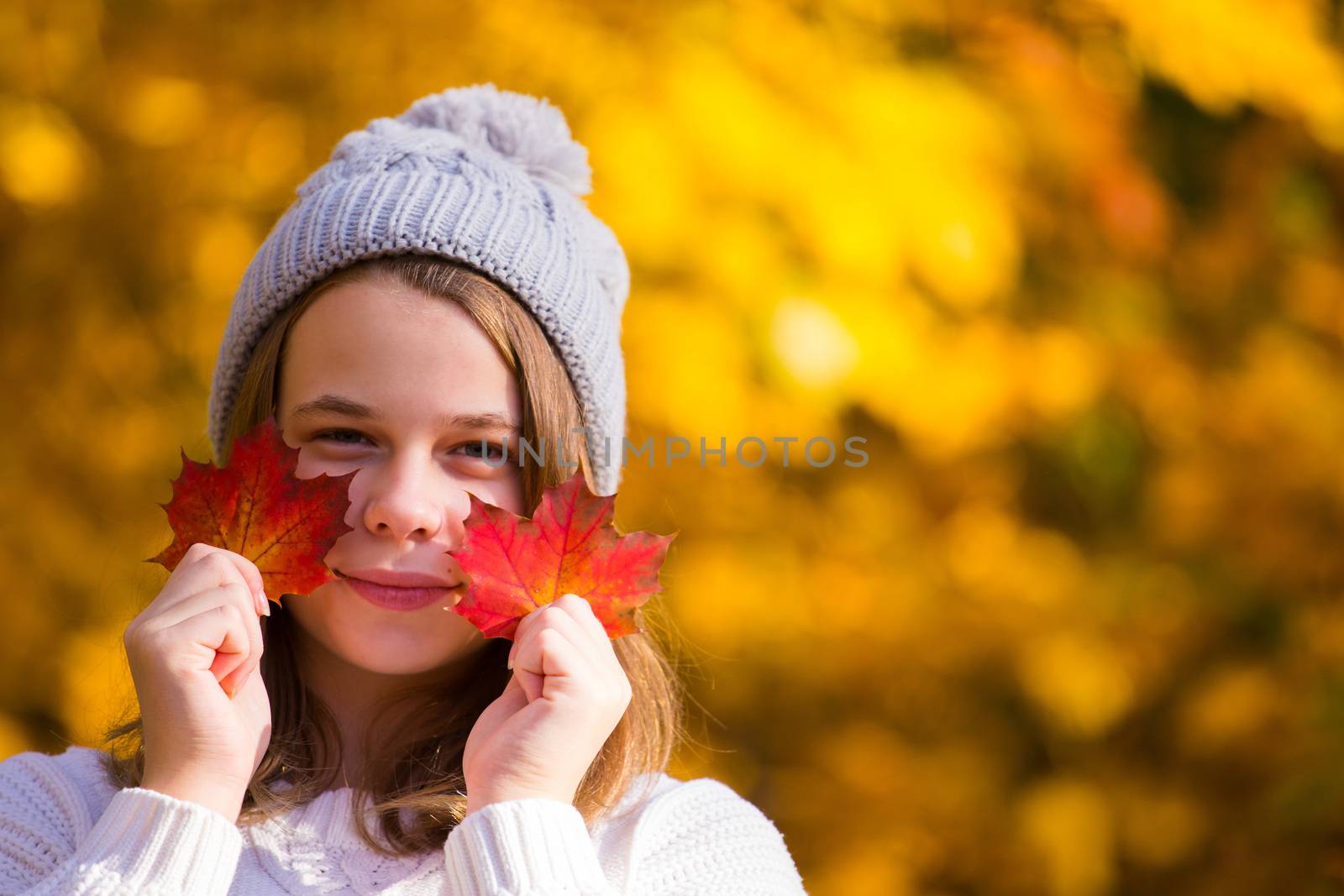 Pretty girl in autumn park by destillat