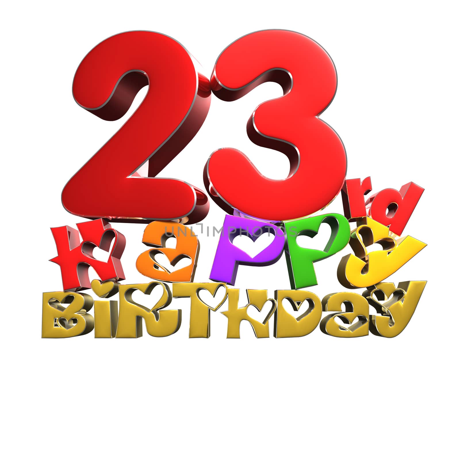 23 rd Happy Birthday 3d rendering on white background.(with Clipping Path).