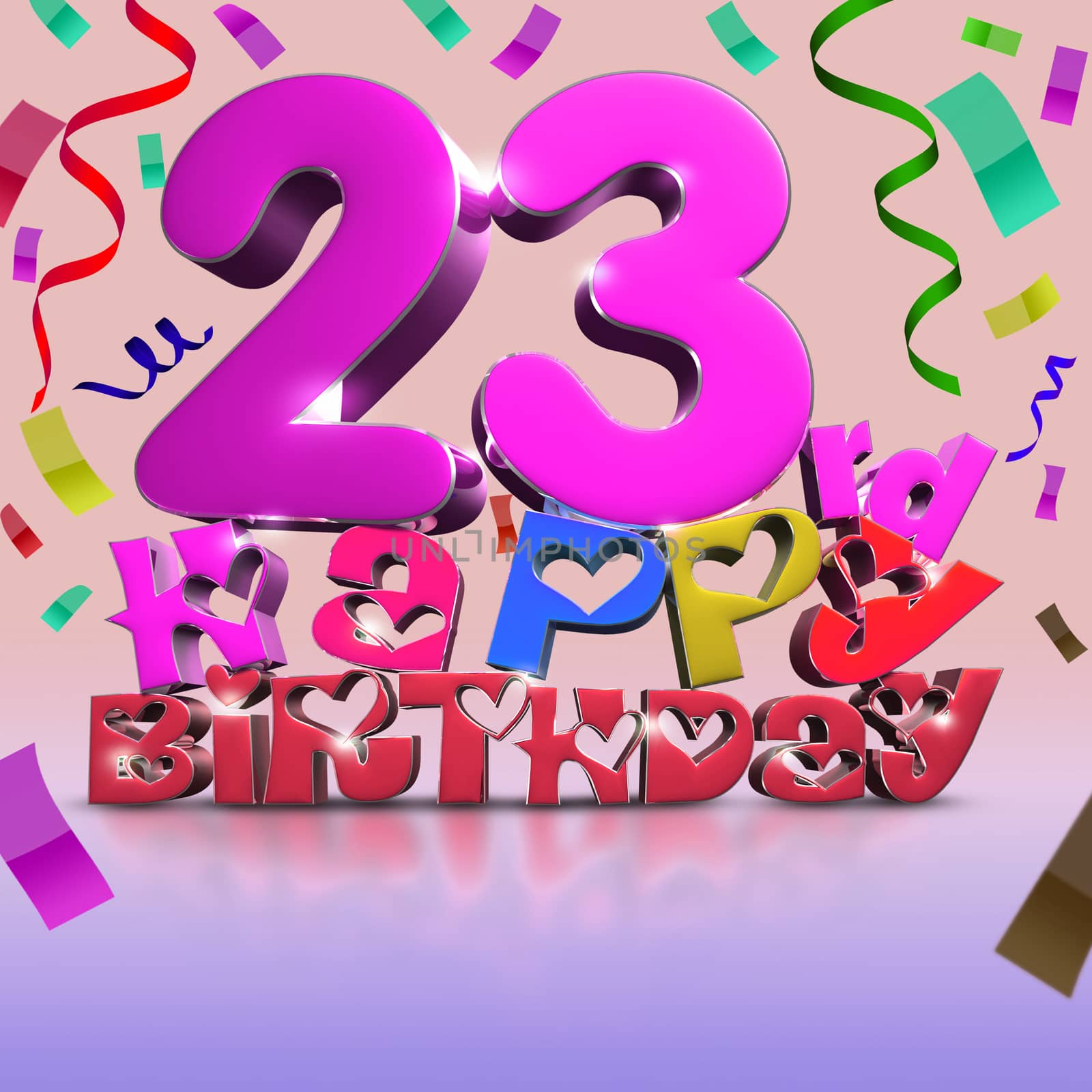 23 rd Happy Birthday 3d rendering Ribbon as background.(with Clipping Path).