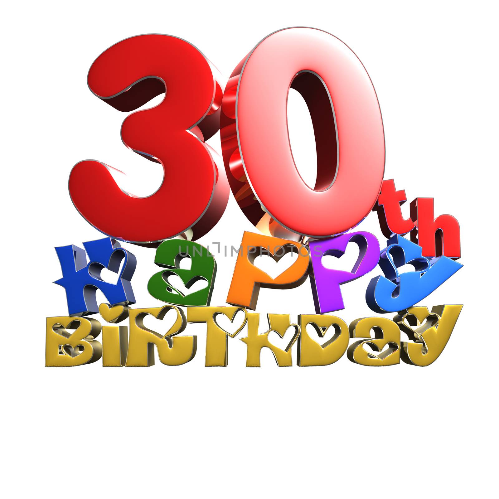 30 th Happy Birthday 3d rendering on white background.(with Clipping Path).