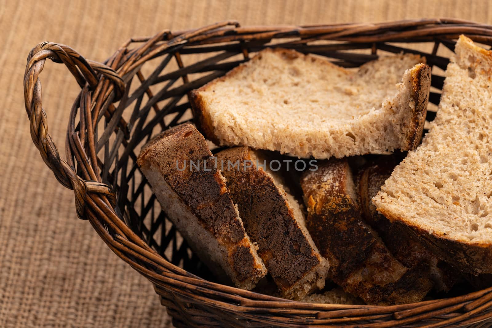 Close up of hearty artisan sourdough bread slices in a bread basket.