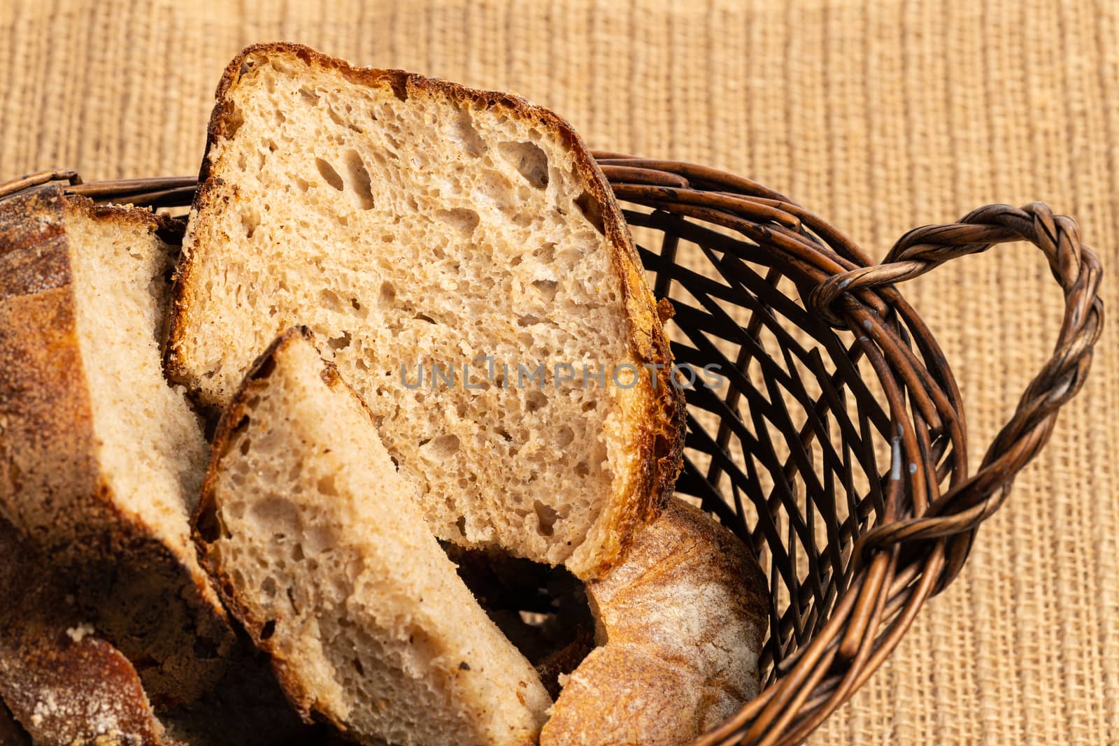 Close up of hearty artisan sourdough bread slices in a bread basket.