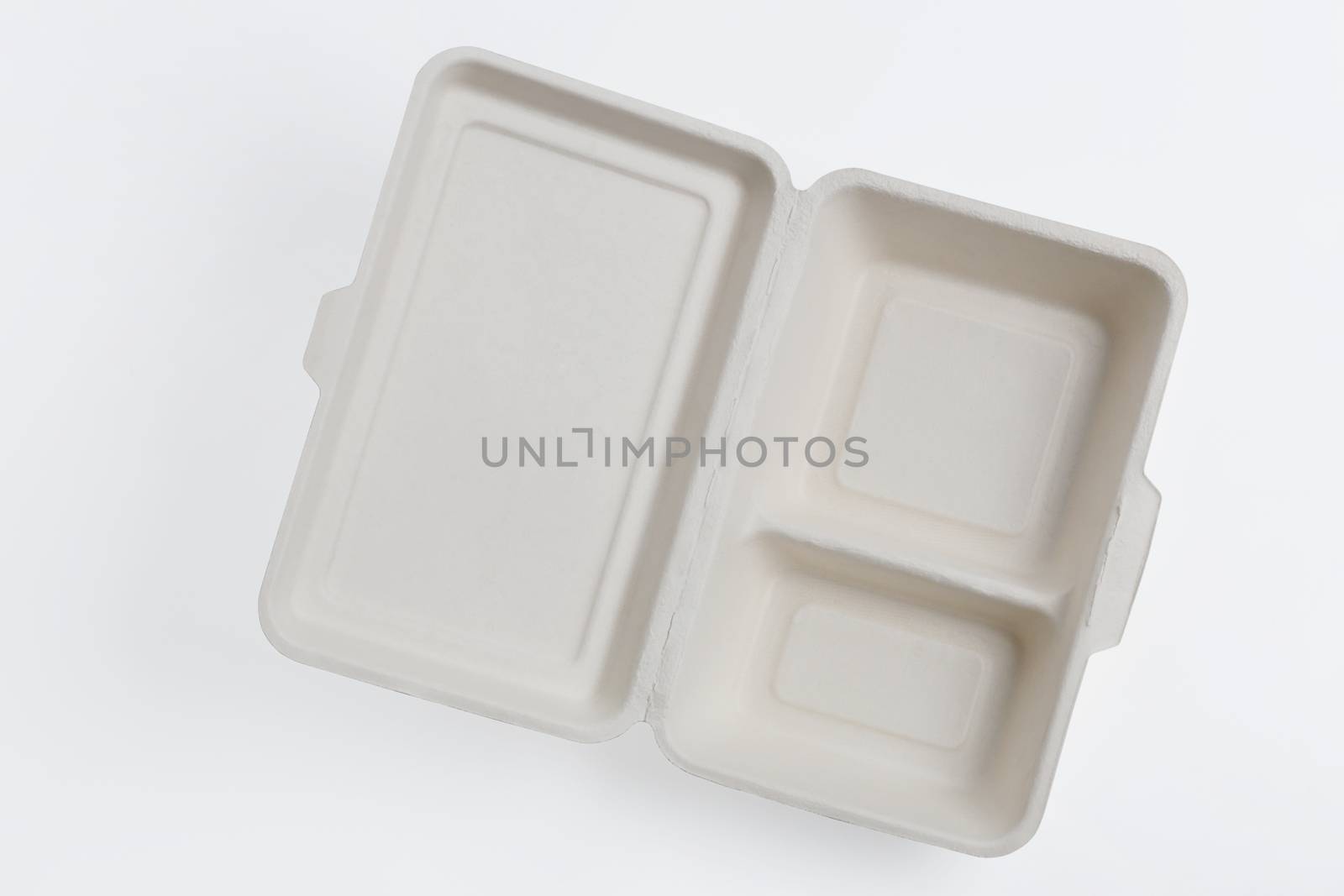 Top view open of unbleached plant fiber food box isolated on white with clipping path, Natural fiber eco food box
