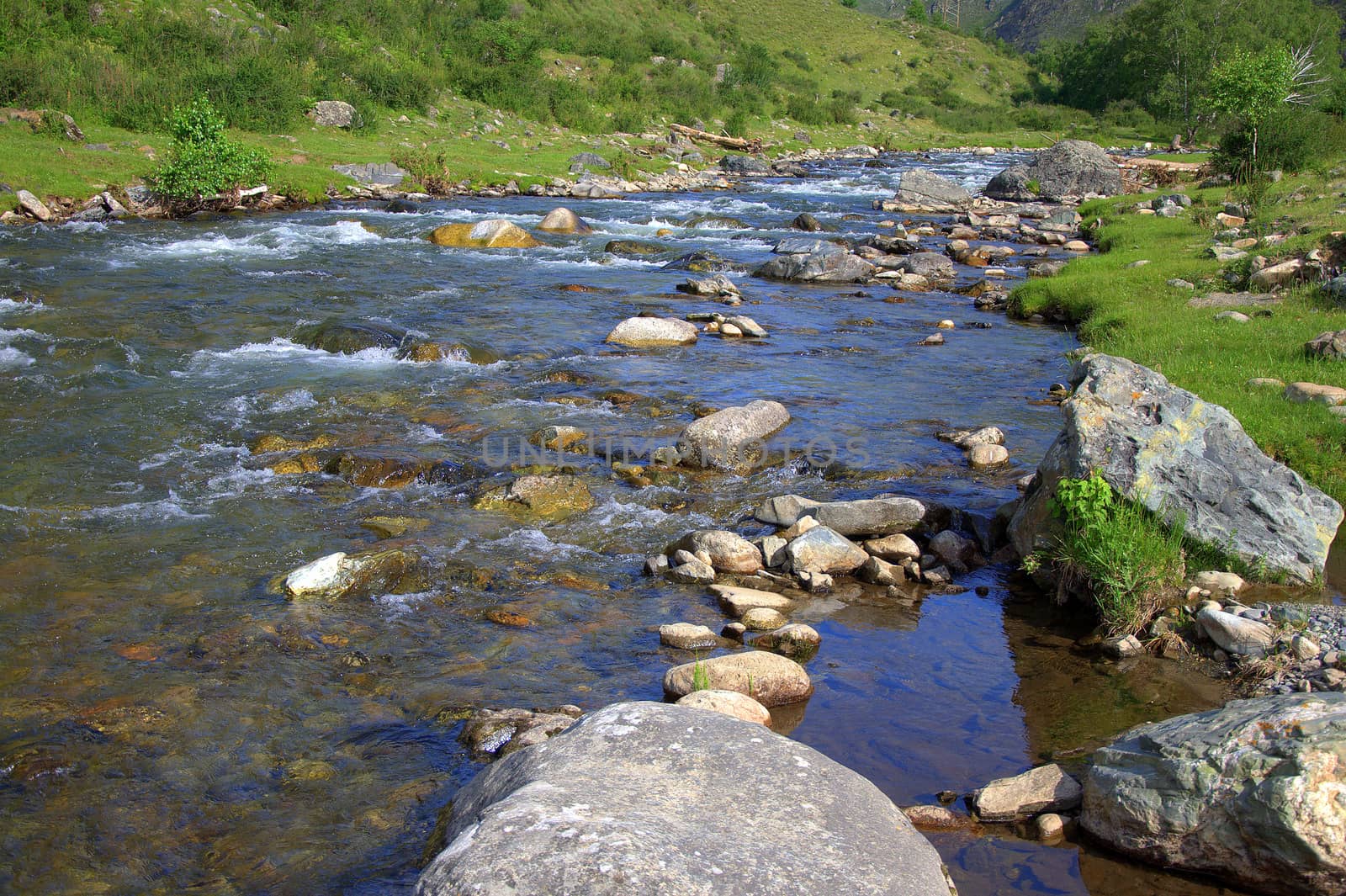 The rocky shore of the mountain river Sema and the rapid flow of the stream. Altai, Siberia, Russia.