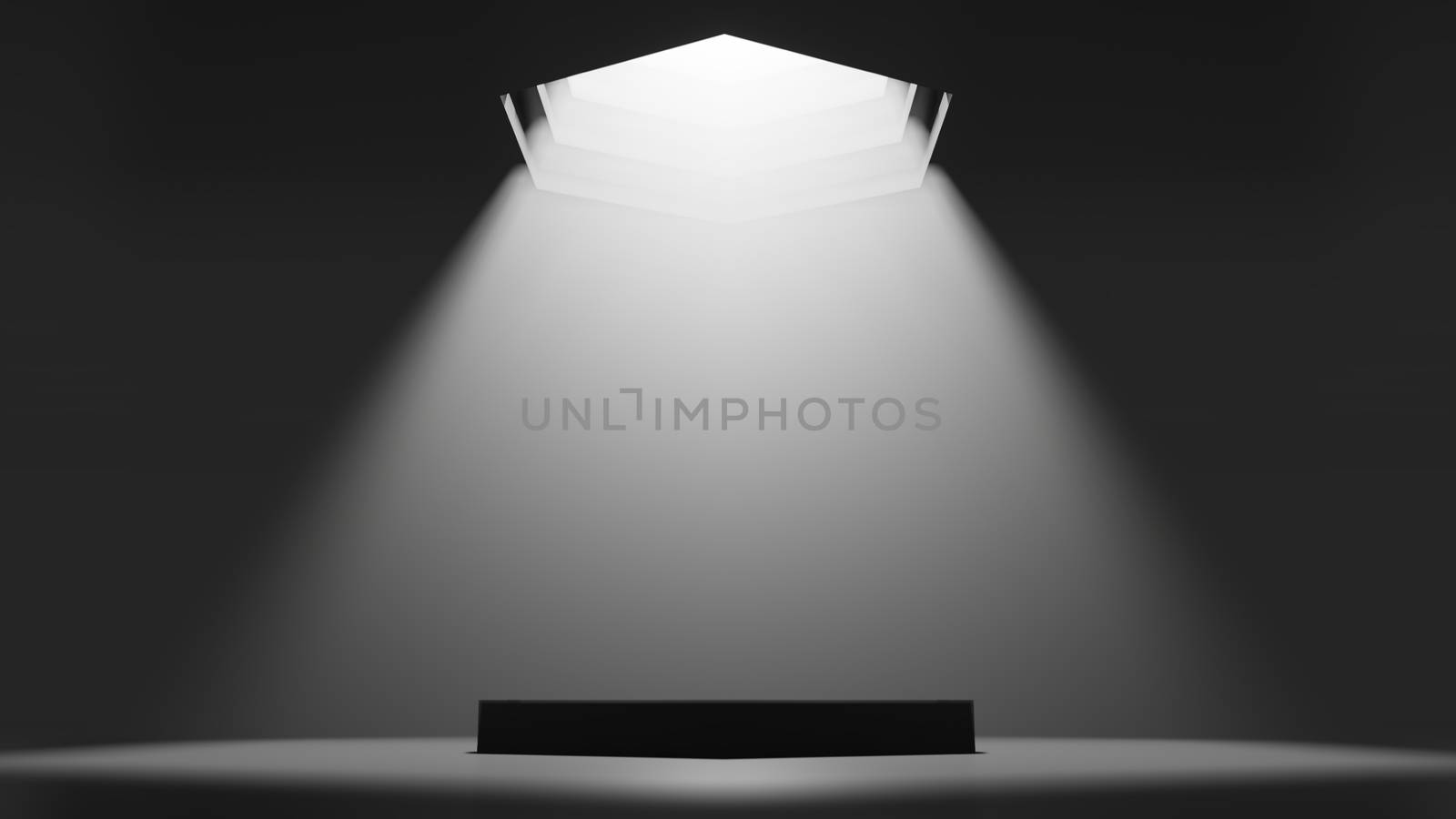 3D illustration. Showcase platform mockup, white ceiling light in empty dark room, cylinder podium. Dark abstract background