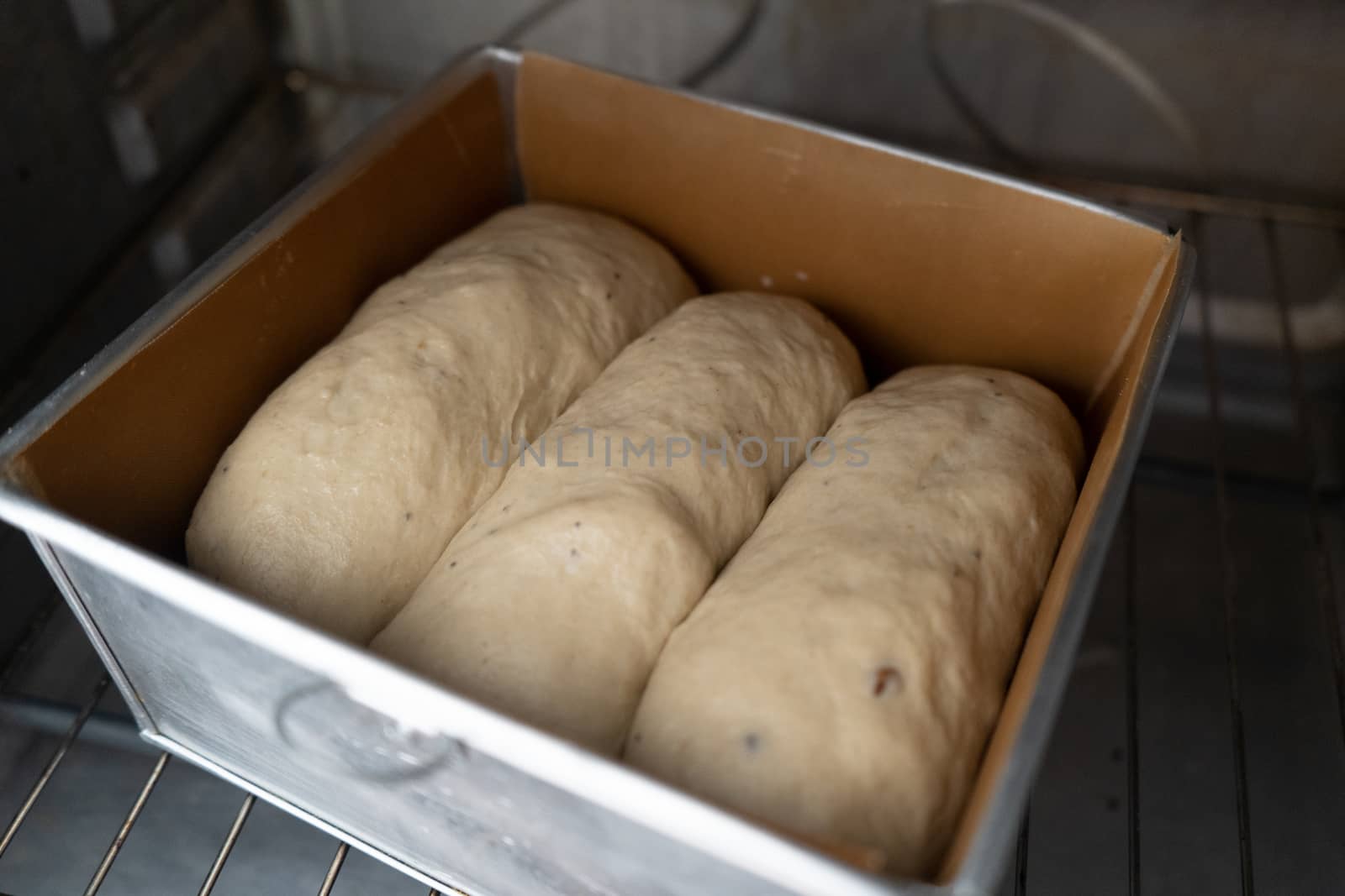Dough rising inside oven, process bread proofing.
