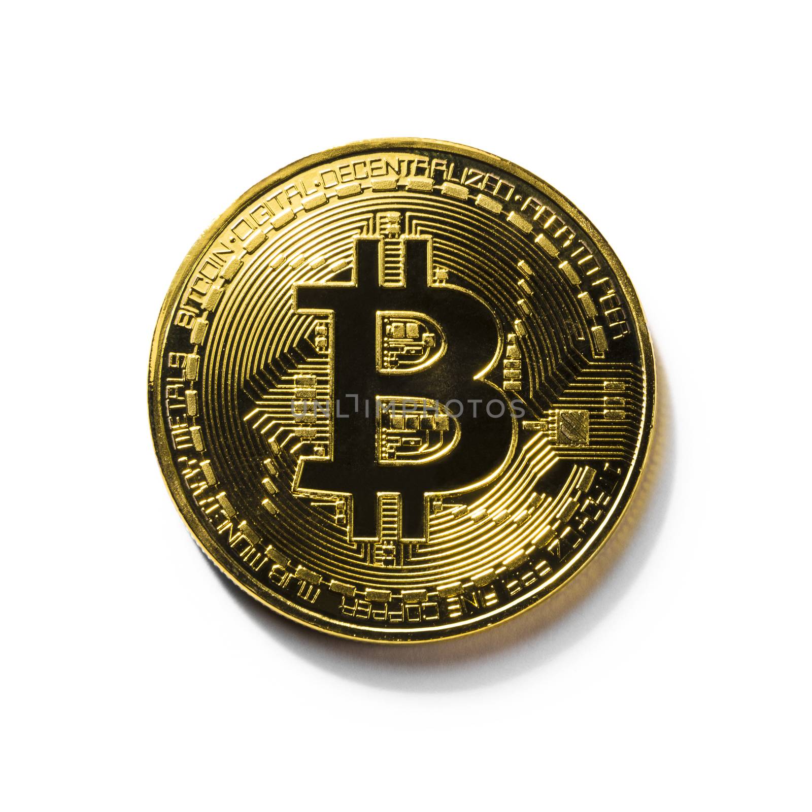 Golden Bitcoin coin on white background. Cryptocurrency