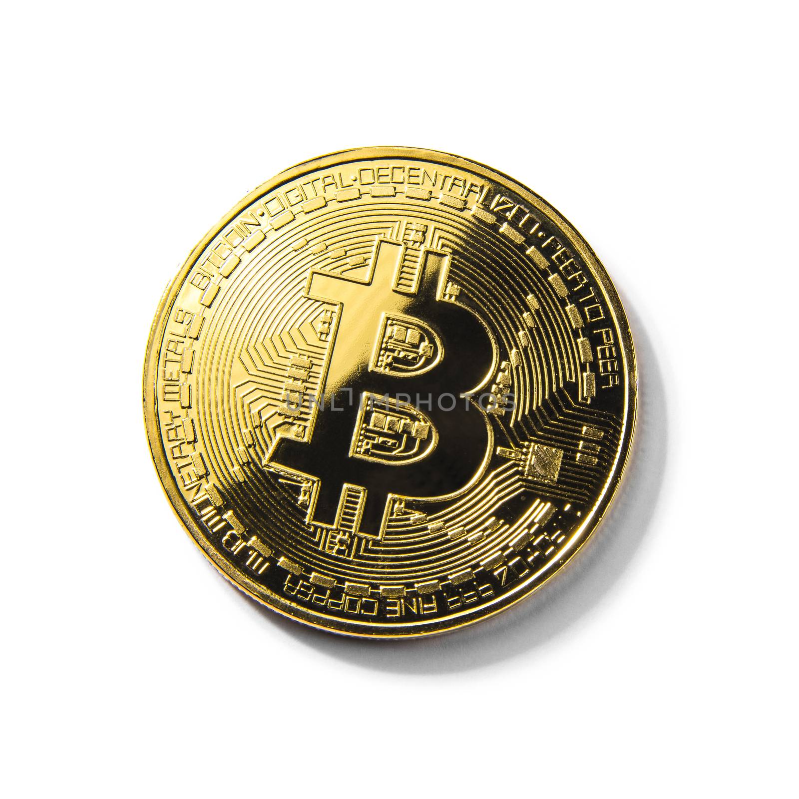 Golden Bitcoin coin on white background. Cryptocurrency. by butenkow