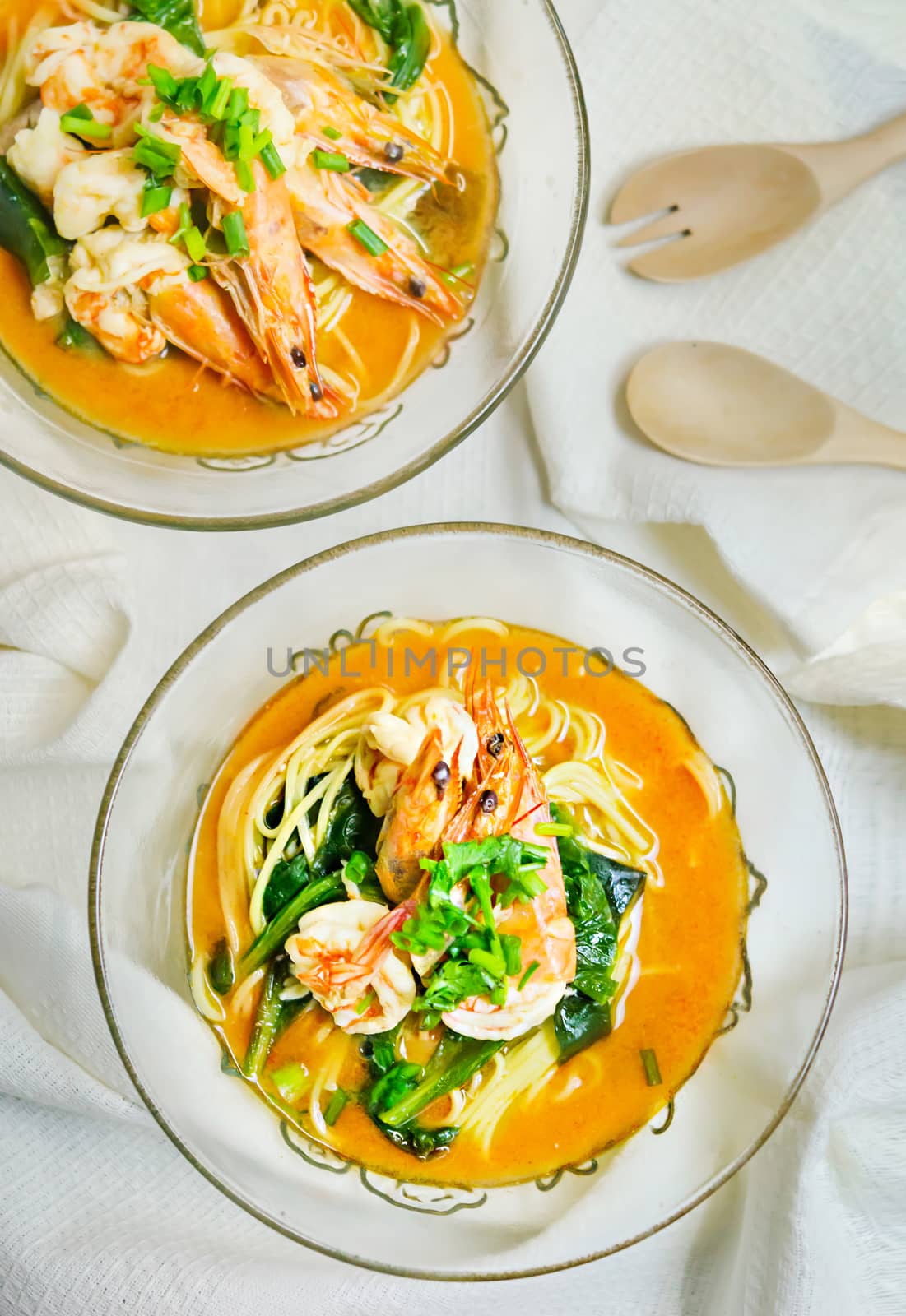 top view of seafood ramen , hot and spicy